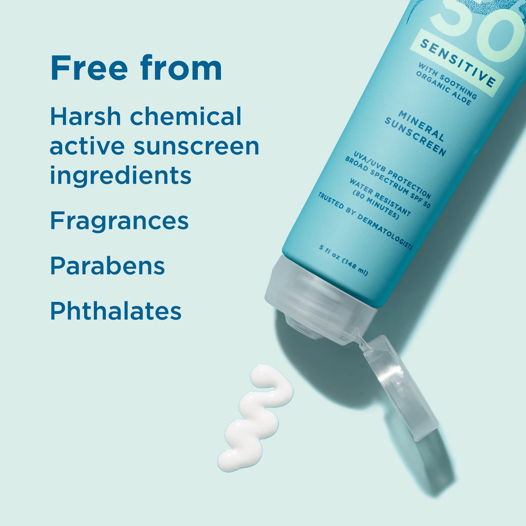 Blue Lizard sensitive SPF50 sunscreen tube with text highlighting ingredients are free from harsh chemicals on a light blue background