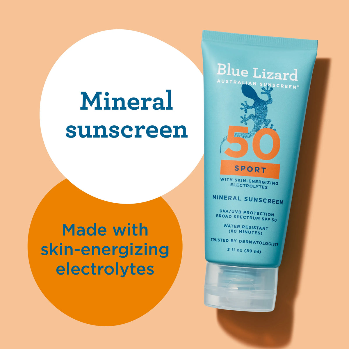 Blue Lizard Sport SPF 50 mineral sunscreen tube on a peach background