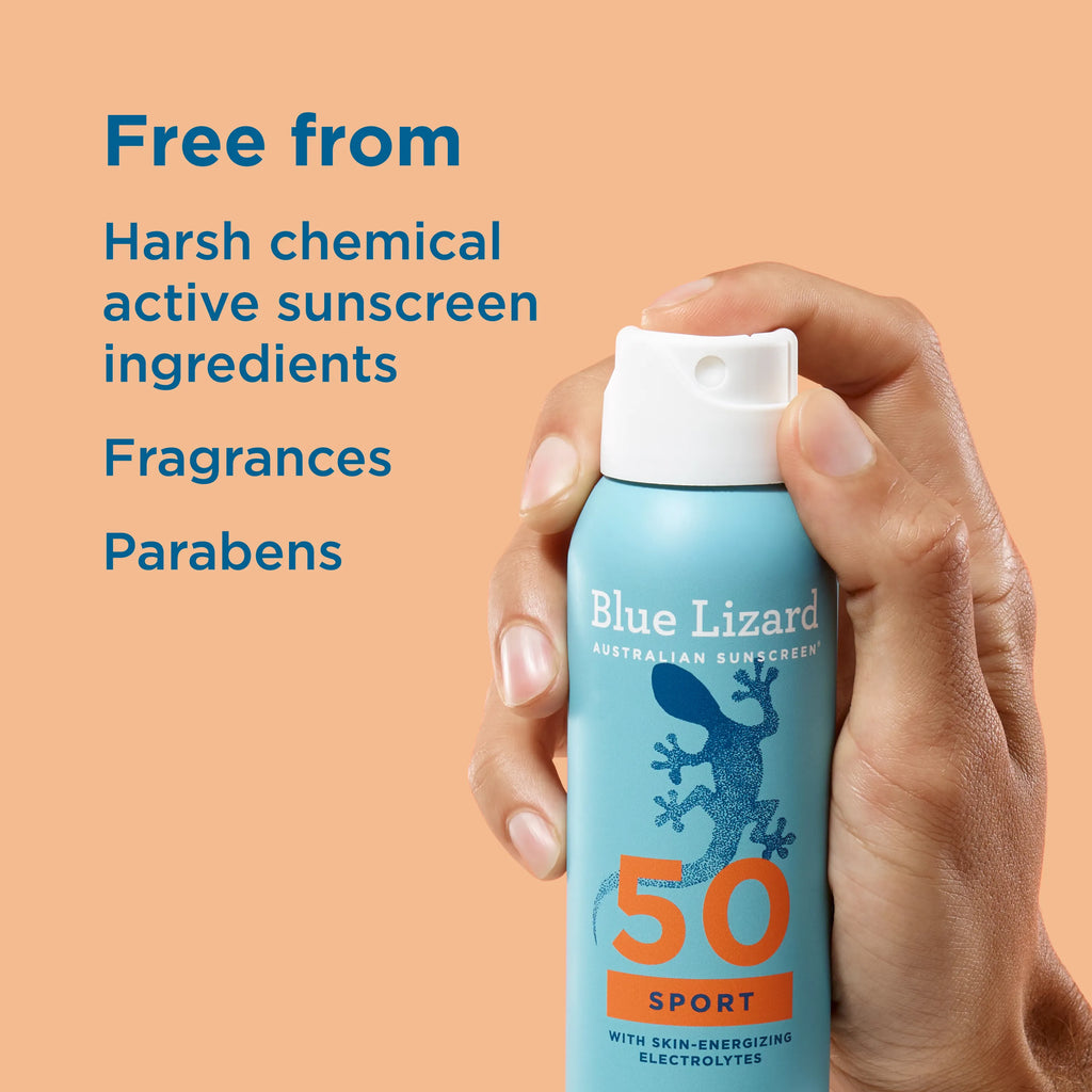 Hand holding a Blue Lizard Sport SPF 50 mineral sunscreen spray bottle with ingredients safety listed on an orange background
