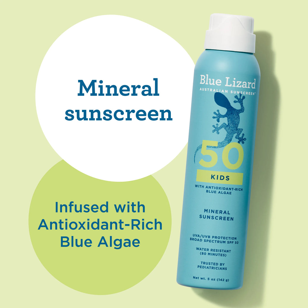Blue Lizard kids SPF 50 mineral sunscreen  spray can on a light green background