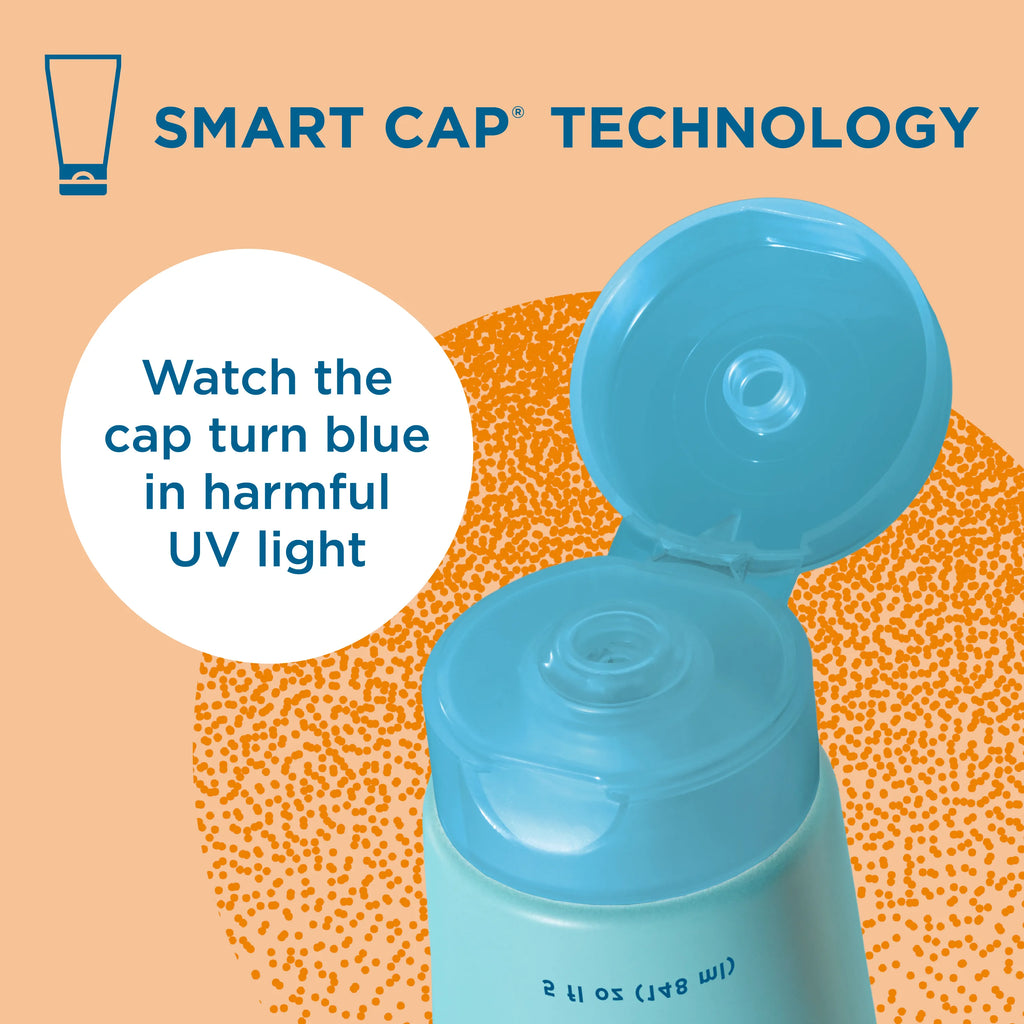Blue Lizard mineral sunscreen lotion tube with blue cap featuring 'Smart Cap Technology' on an orange background