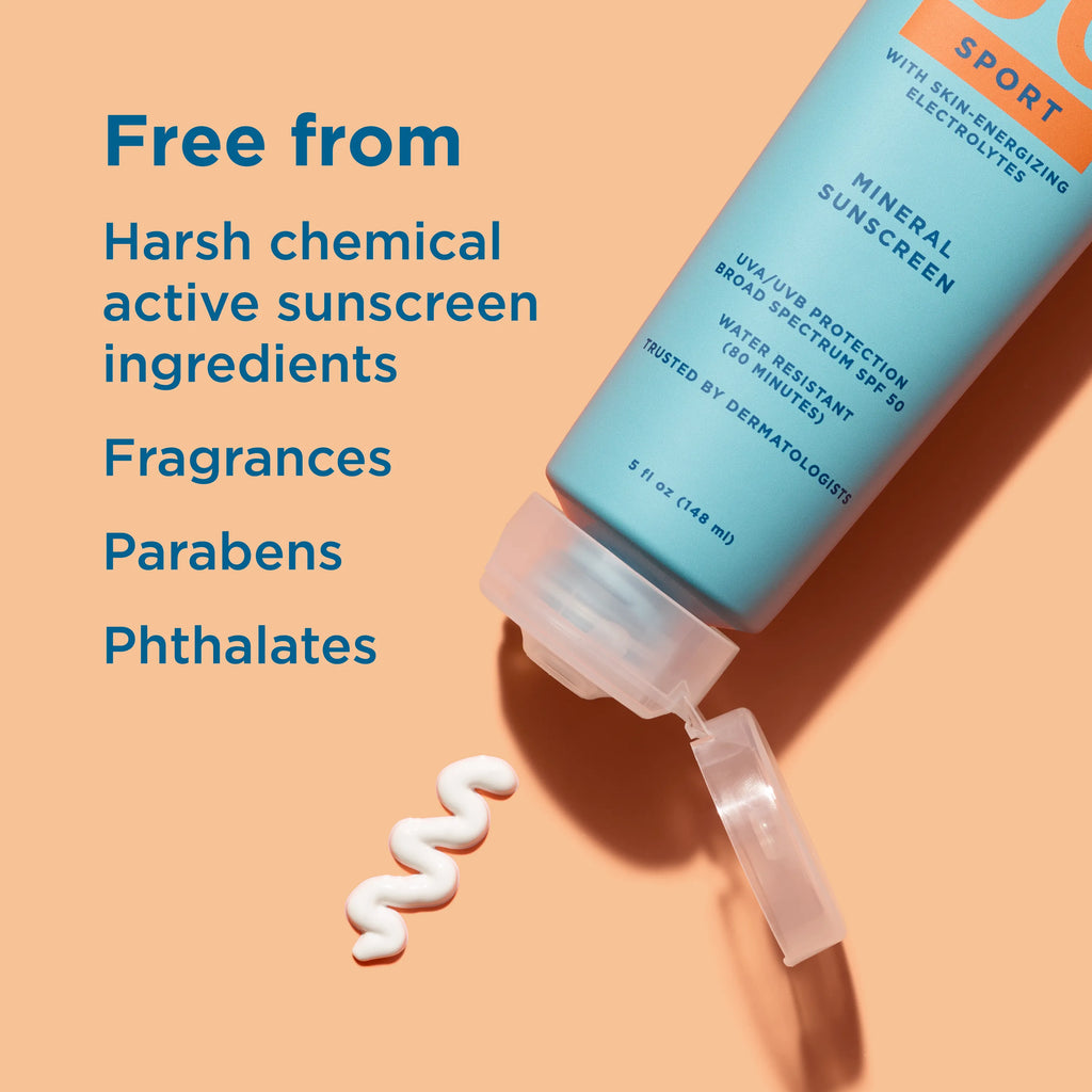 Blue Lizard Sport SPF 50 mineral sunscreen tube with ingredients safety listed on an orange background